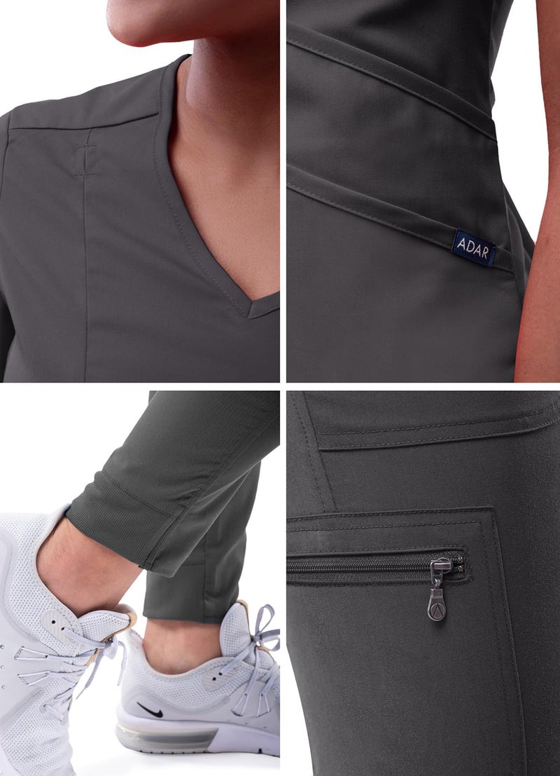 Adar Uniforms Adar Pro Athletic Scrubs Set For Women - Stretch V-Neck Scrub Top & Yoga Jogger Cargo Scrub Pants, 10 Pockets - P9500 - Pewter - M - Image 5